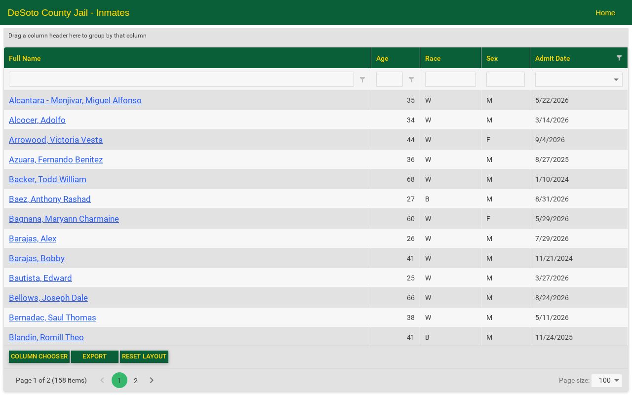 DeSoto County Jail current inmate roster table interface