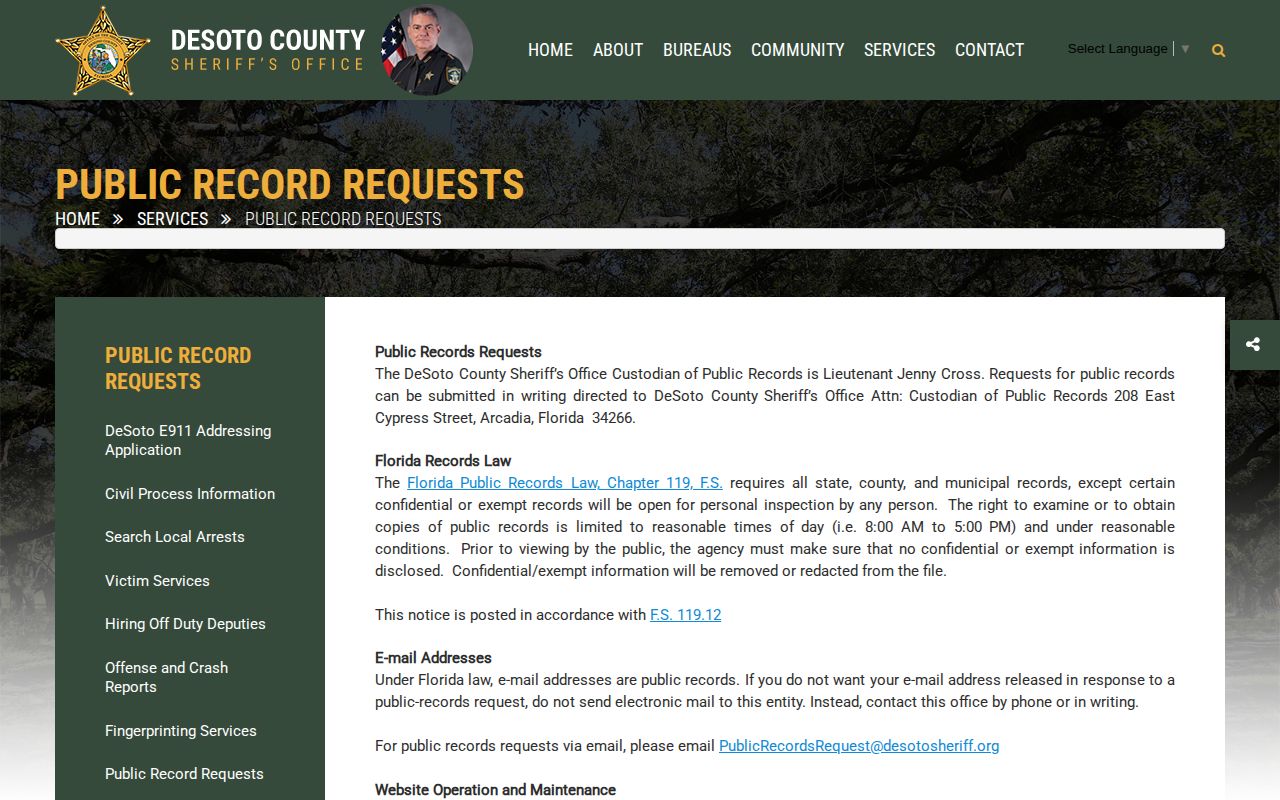 DeSoto County Sheriff public records request information