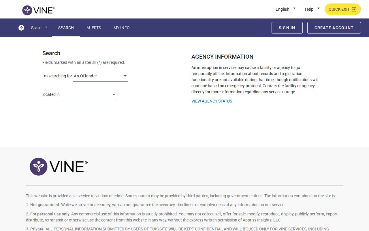 VINELink state selection screen used to begin a Florida custody search